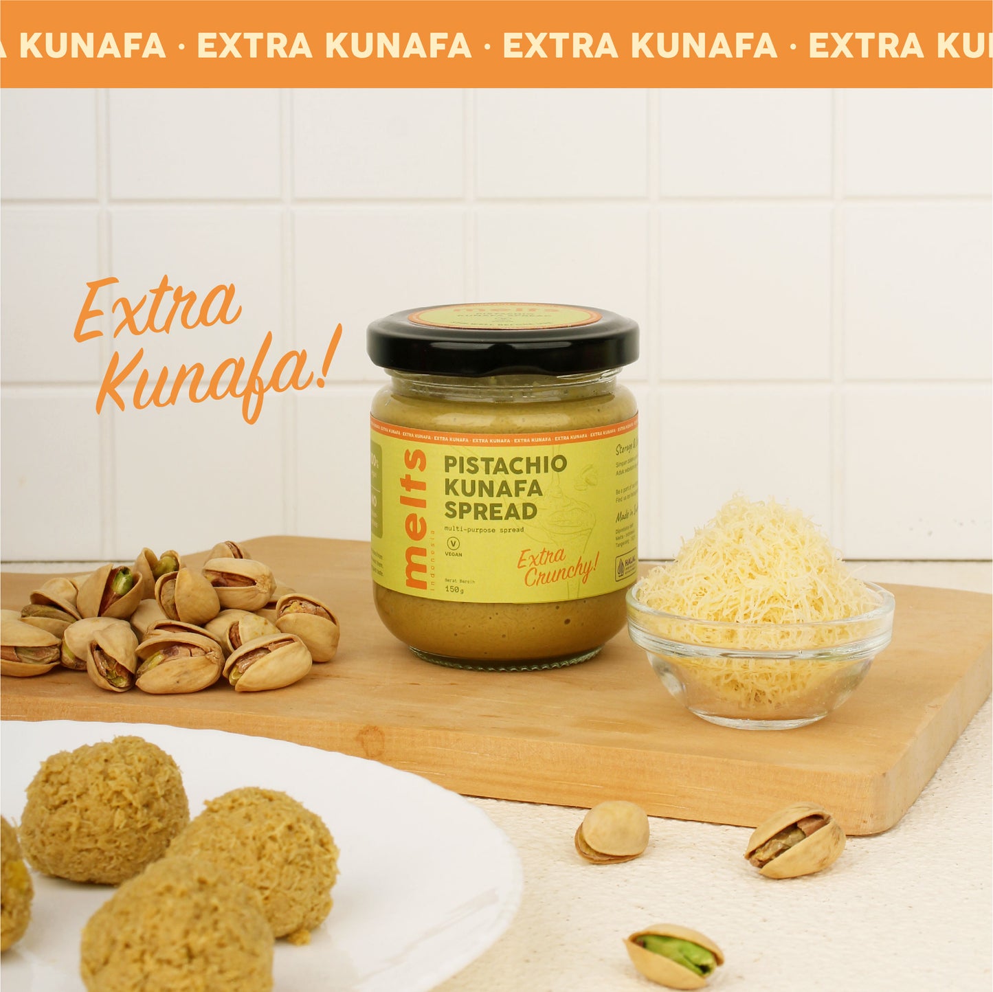 Melts Pistachio Extra Kunafa Spread | Selai kacang Crunchy Plant Based Vegan untuk Roti Bahan Kue Baking Pastry Topping